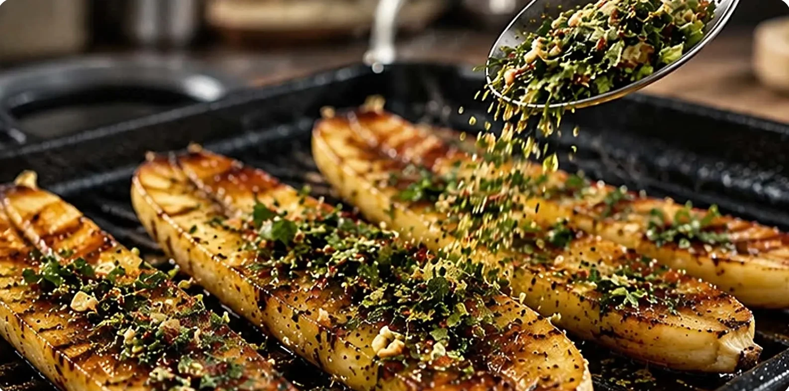 Grilled banana halves being sprinkled with chopped herbs and nuts